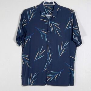 Theory Irving Short Sleeve Shirt Mens Size XL Navy Blue Stem Print 100% Lyocell